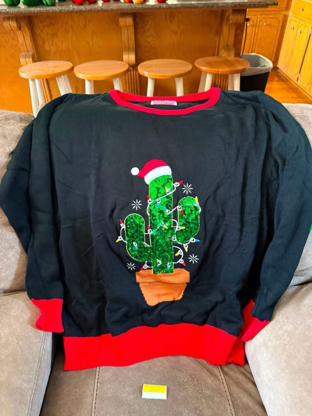 Black Christmas Cactus Sweater with Red Trim